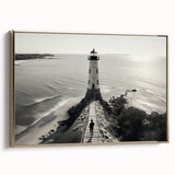 Framed canvas wall art collection showcasing a serene lighthouse landscape design with a gold frame, ideal for coastal-themed home decor.