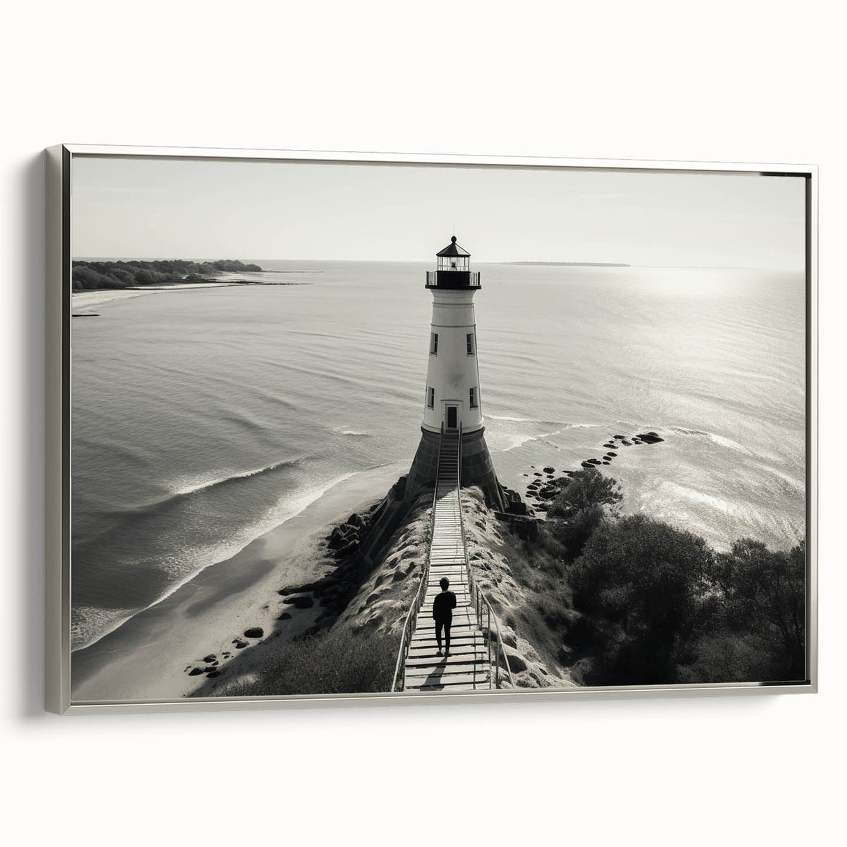 Framed canvas wall art collection showcasing a coastal lighthouse design with a silver border, perfect for enhancing home decor in beach-themed settings.