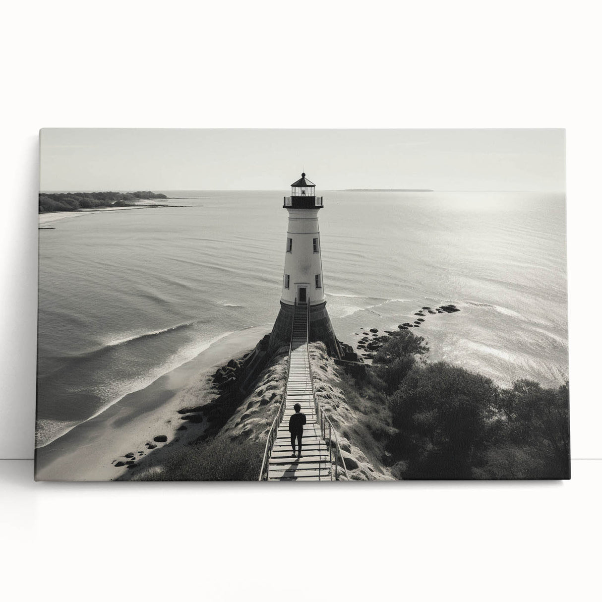 Stretched canvas wall art showcasing a serene coastal landscape with a lighthouse, vibrant sky, and tranquil water reflections, perfect for home decor.