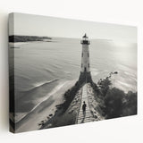 Stretched canvas wall art featuring a serene coastal landscape with a lighthouse, showcasing vibrant colors and intricate details, perfect for home decor.