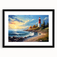 Black-framed wall art collection featuring a serene lighthouse landscape design with a mat, ideal for coastal-themed home decor. Perfect for adding elegance to any room.