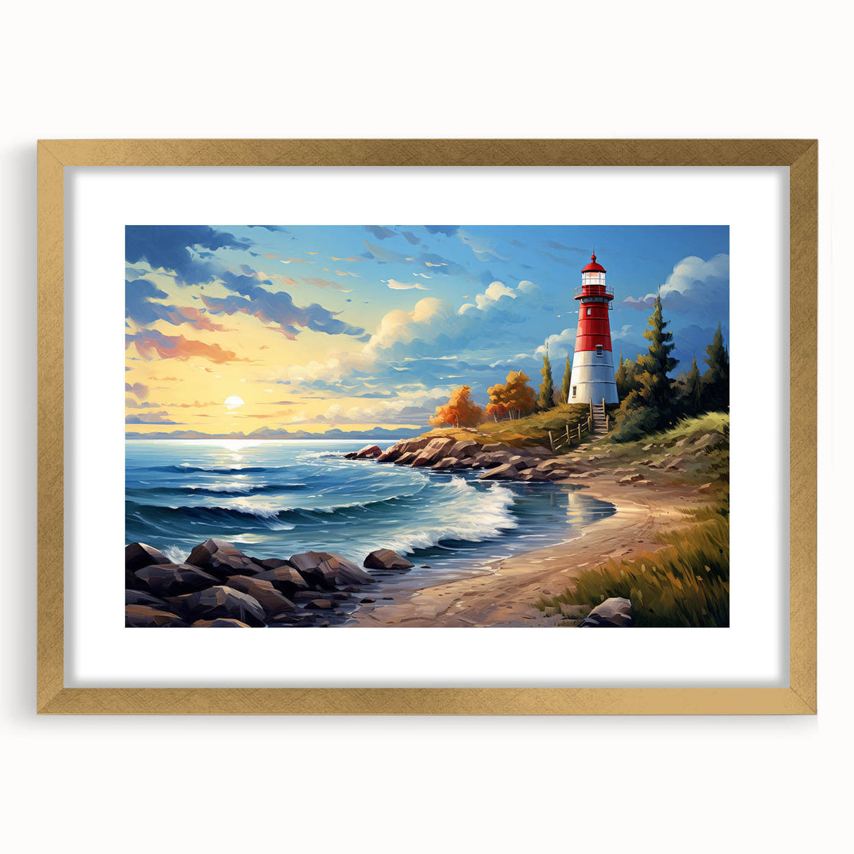 Gold-framed wall art collection showcasing a serene lighthouse landscape design, complete with a mat, perfect for enhancing coastal-themed interiors.
