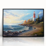 Framed acrylic wall art collection showcasing a serene lighthouse landscape design with a black frame, perfect for coastal-themed home decor. The vibrant colors and intricate details enhance any living space.