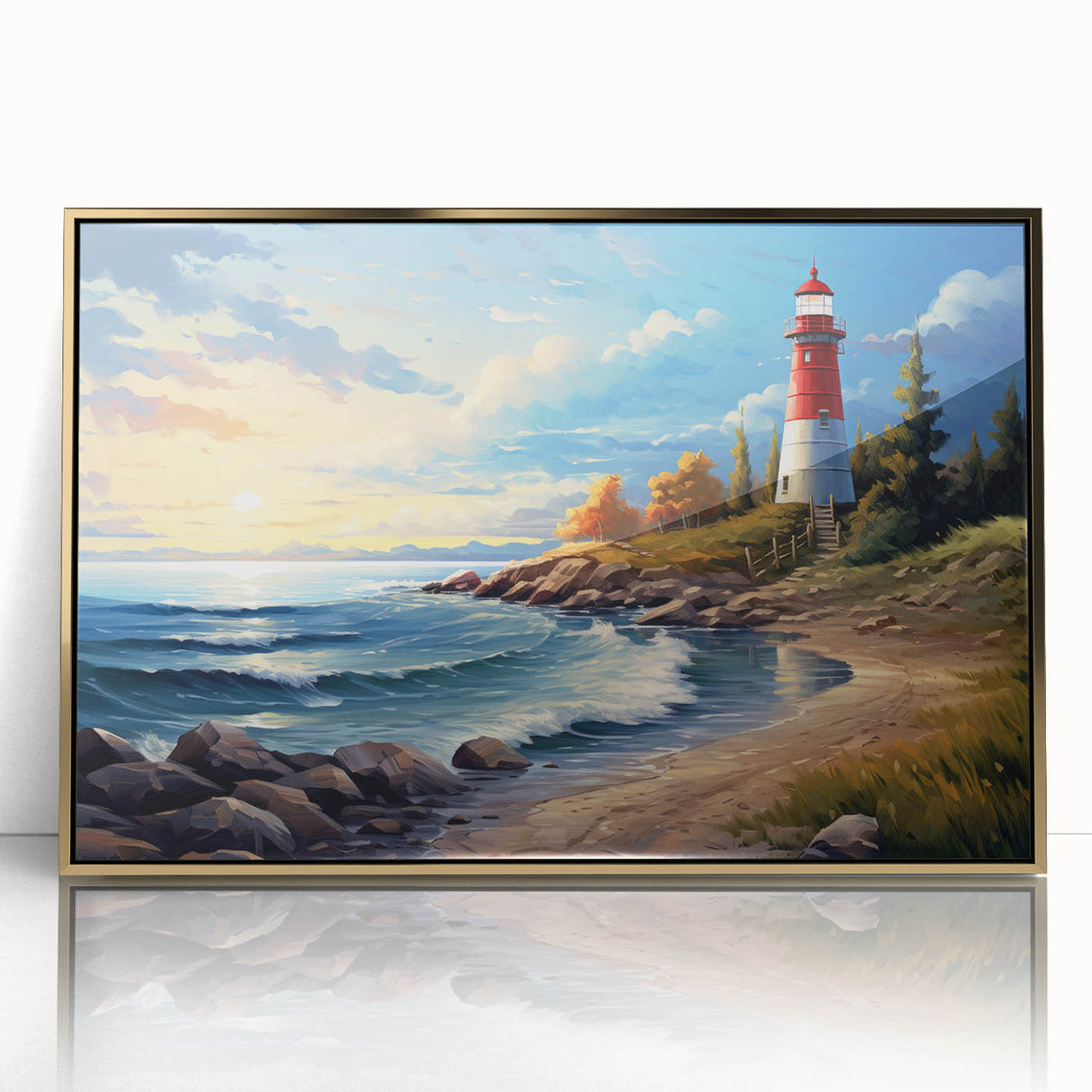 Framed landscape wall art featuring a gold-accented lighthouse design, showcasing vibrant colors and intricate details, perfect for coastal-themed decor.