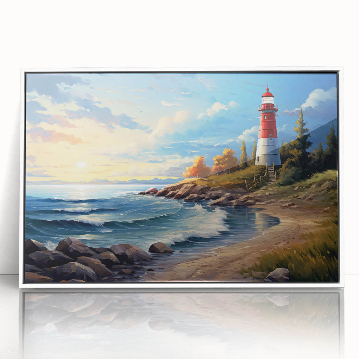 Framed acrylic wall art collection showcasing a serene lighthouse landscape design, featuring a white frame and vibrant coastal colors, perfect for nautical-themed decor.