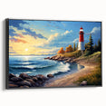 Framed canvas wall art showcasing a serene seaside landscape with a lighthouse, featuring vibrant colors and intricate details, perfect for home decor.