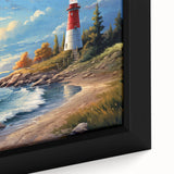 Close-up of a framed canvas showcasing a serene lighthouse landscape design with vibrant colors, perfect for enhancing coastal-themed home decor.