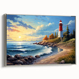 Framed wall art collection showcasing a serene lighthouse landscape design in silver tones, featuring a side view that highlights intricate details and textures. Ideal for coastal-themed decor, this canvas adds a tranquil ambiance to any space.