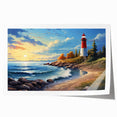 Lighthouse landscape wall art print showcasing a serene coastal scene with soft blue skies and vibrant ocean waves, rolled and ready for framing, perfect for nautical home décor.