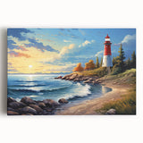 Stretched canvas wall art showcasing a vibrant lighthouse design against a serene ocean backdrop, ideal for coastal-themed home decor. The artwork emphasizes bright colors and intricate details, enhancing any living space or office setting.