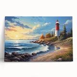 Stretched canvas wall art showcasing a serene lighthouse landscape design, featuring vibrant colors and intricate details, perfect for coastal home décor.
