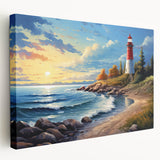 Stretched canvas wall art showcasing a picturesque lighthouse landscape in vibrant colors, perfect for coastal decor. Ideal for enhancing any living space or office.