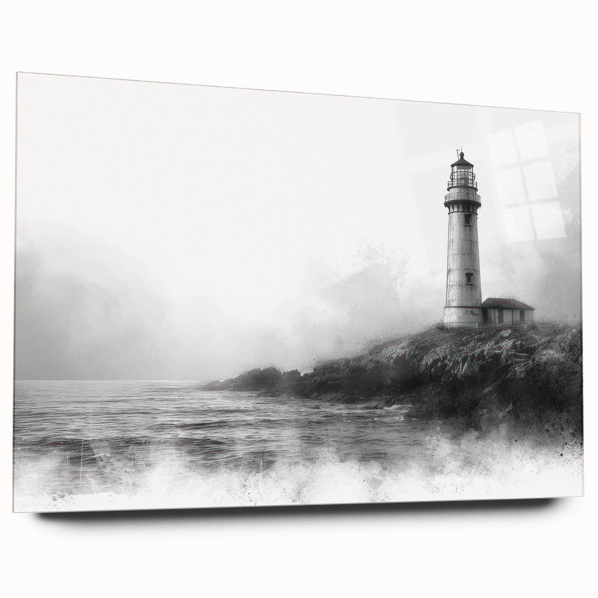 Acrylic glass wall art collection featuring a scenic lighthouse design, showcased from a side view. The vibrant colors and intricate details enhance any coastal-themed decor. Perfect for home or office spaces, this artwork adds a touch of tranquility.