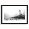 Framed wall art collection showcasing a serene lighthouse landscape in vibrant colors, featuring a black mat and sleek frame, perfect for coastal decor enthusiasts.
