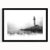 Framed wall art collection showcasing a serene lighthouse landscape in vibrant colors, featuring a black mat and sleek frame, perfect for coastal decor enthusiasts.