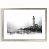 Silver-framed wall art collection showcasing a serene lighthouse landscape design, featuring a mat for a polished finish, perfect for coastal-themed decor.