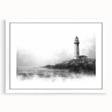 Framed wall art collection featuring a serene lighthouse landscape design, showcasing a white mat and sleek frame, perfect for coastal-themed decor.