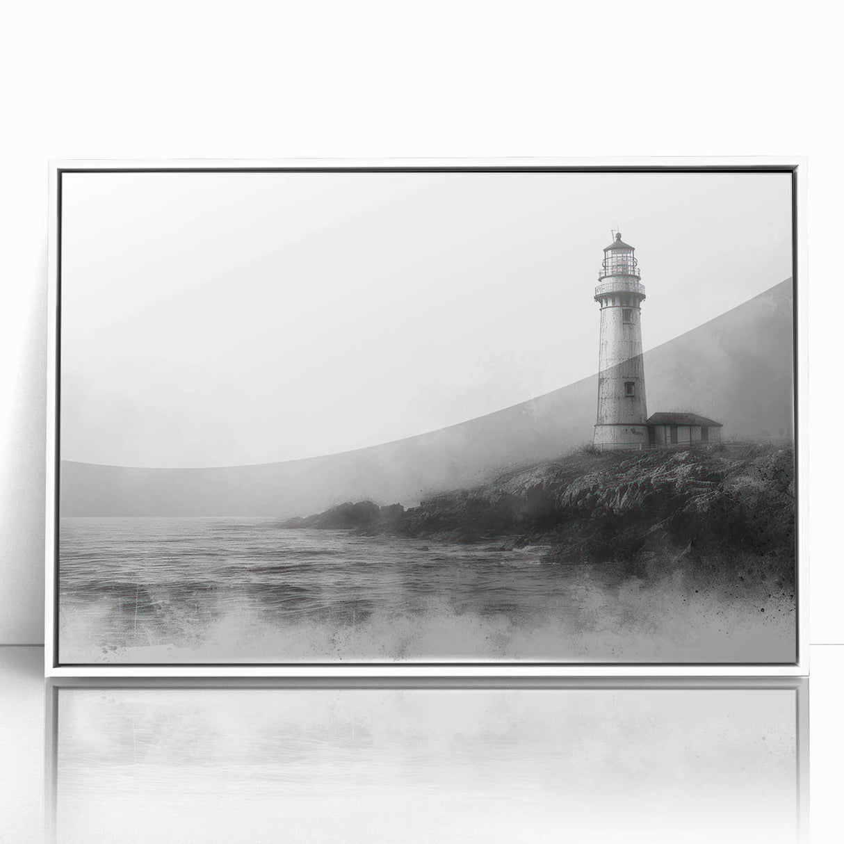 Framed wall art collection featuring a serene lighthouse landscape design in a white frame, showcasing vibrant colors and calming ocean scenery, perfect for home decor.