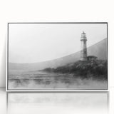 Framed wall art collection featuring a serene lighthouse landscape design in a white frame, showcasing vibrant colors and calming ocean scenery, perfect for home decor.