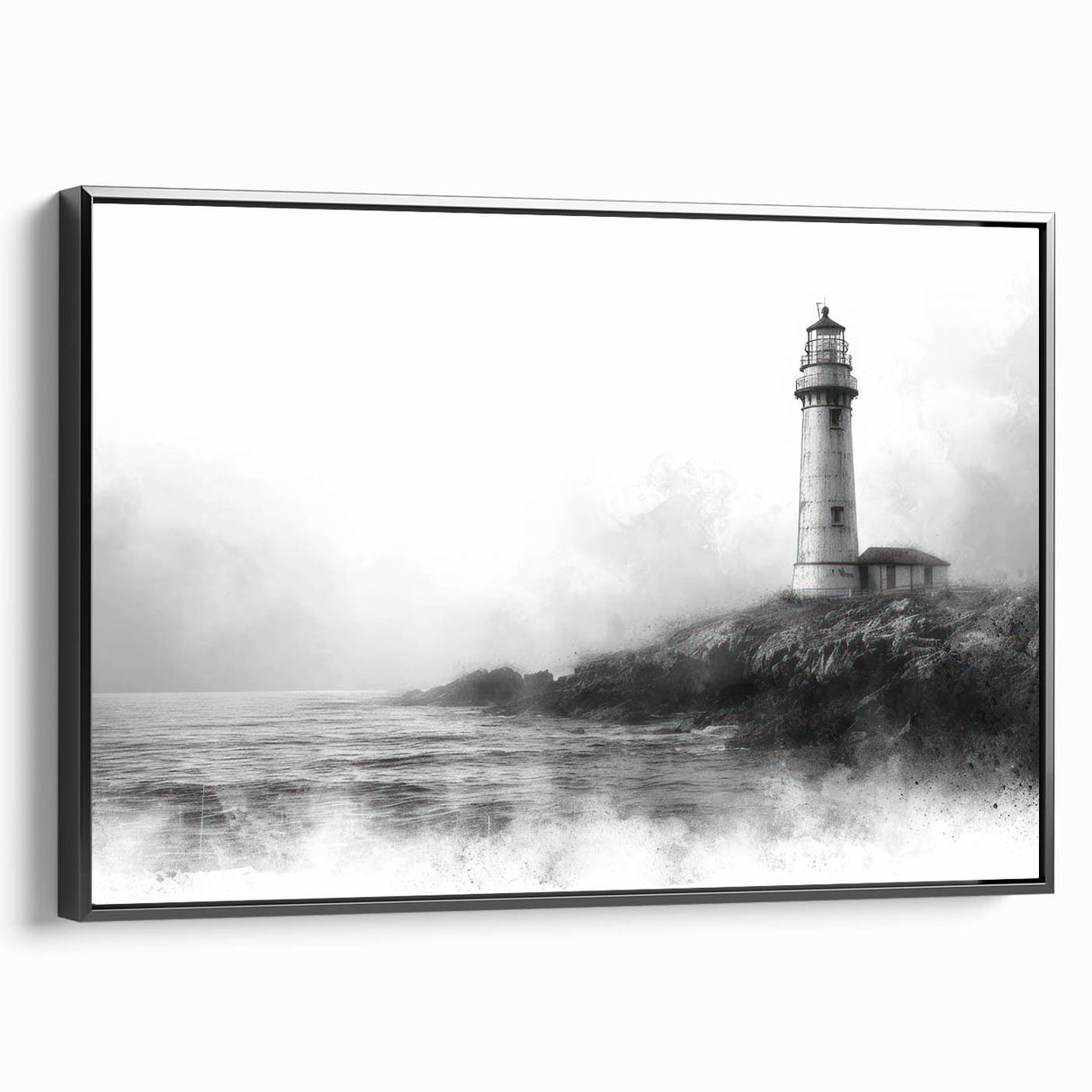 Framed canvas wall art showcasing a serene lighthouse design against a vibrant sunset backdrop, featuring a sleek black frame and a side view perspective. This coastal-themed piece adds a calming touch to home decor, perfect for nautical enthusiasts.
