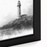 Close-up of a framed canvas wall art piece depicting a serene lighthouse landscape, showcasing vibrant colors and intricate details, perfect for coastal decor enthusiasts.