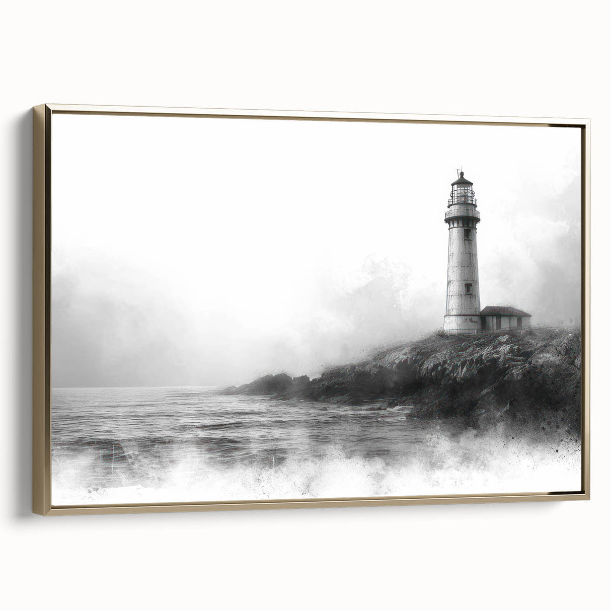 Framed canvas wall art showcasing a coastal lighthouse design with gold accents, set against a serene landscape, ideal for beach-themed decor.