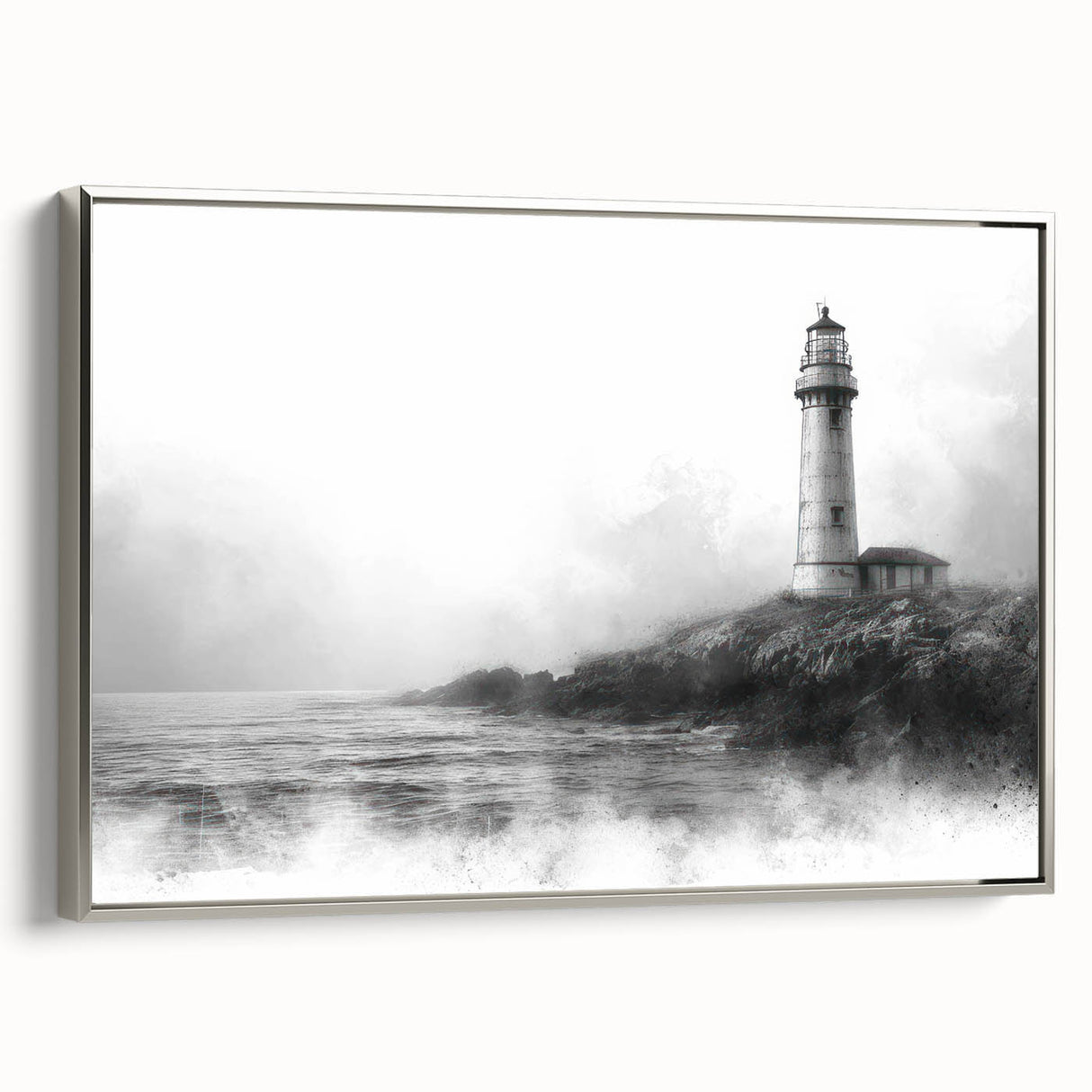 Framed wall art collection showcasing a silver-side view of a lighthouse design on canvas, perfect for coastal-themed home decor. Ideal for beach-inspired interiors, this piece adds a serene touch with its tranquil colors and nautical theme.