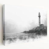 Stretched canvas wall art depicting a serene lighthouse landscape with vibrant colors, ideal for coastal-themed decor, showcasing a calming seaside atmosphere.