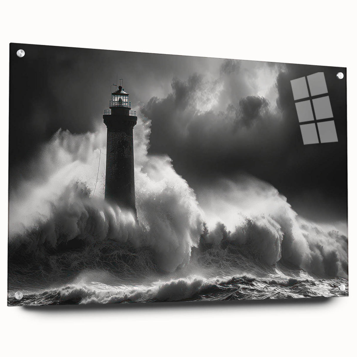 Acrylic glass wall art collection showcasing a side view of a vibrant lighthouse design, elegantly pinned for display. Ideal for nautical-themed decor enthusiasts.