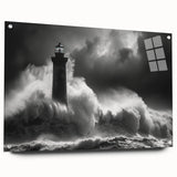 Acrylic glass wall art collection showcasing a side view of a vibrant lighthouse design, elegantly pinned for display. Ideal for nautical-themed decor enthusiasts.