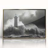 Framed acrylic wall art depicting a serene lighthouse landscape, featuring a golden frame and vibrant colors, perfect for home decor or coastal-themed interiors.