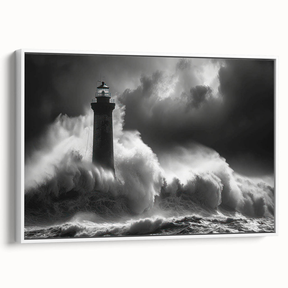 Framed canvas wall art showcasing a serene lighthouse landscape design, featuring vibrant colors and intricate details, ideal for coastal-themed home decor.