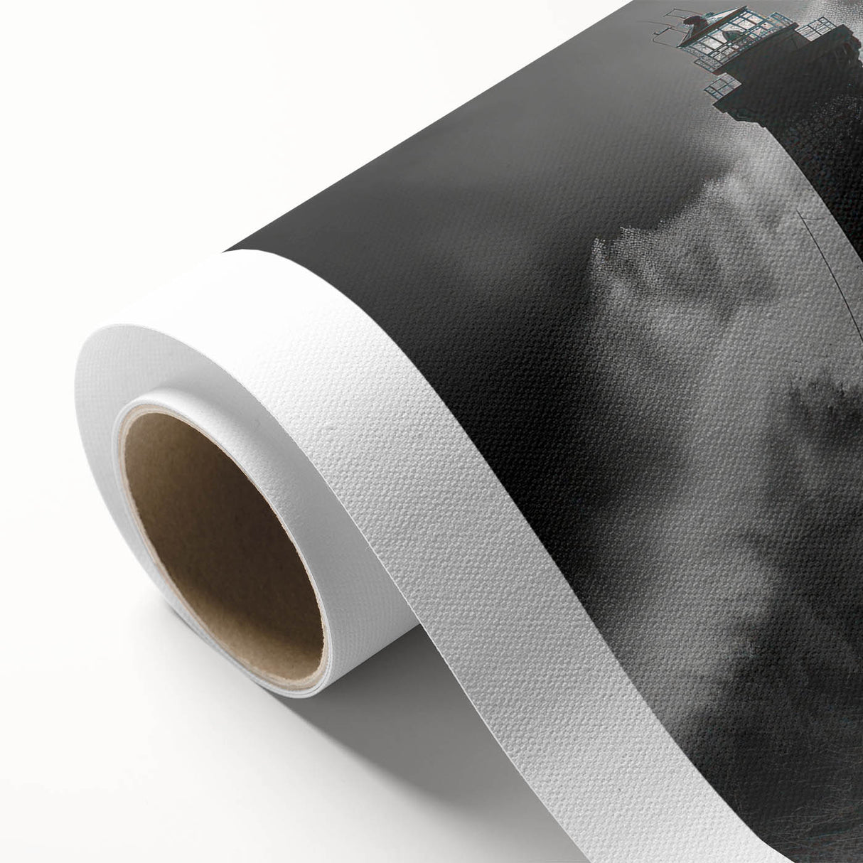 Rolled canvas showcasing a serene lighthouse landscape design, featuring vibrant blues and greens, ideal for nautical-themed decor. Perfectly packaged in a durable cardboard tube for safe shipping.