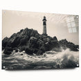 Side view of a lighthouse landscape wall art collection displayed on acrylic glass, featuring vibrant colors and intricate details, perfect for coastal home decor.