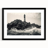 Framed wall art collection featuring a serene lighthouse landscape design, presented with a black mat and frame, ideal for coastal-themed decor.