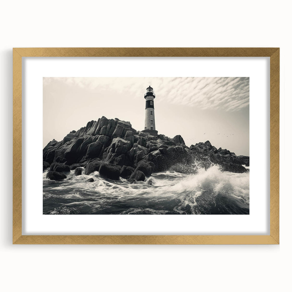 Gold-framed landscape wall art collection featuring a serene lighthouse design, elegantly matted, ideal for coastal-themed home decor. Perfect for enhancing indoor spaces with nautical charm and tranquility.
