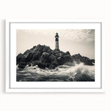 Framed wall art collection showcasing a serene lighthouse landscape design with a white mat, ideal for coastal-themed home decor, adding tranquility to any space.
