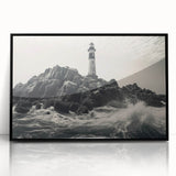 Framed wall art collection showcasing a picturesque lighthouse design against a vibrant landscape, featuring a sleek black frame and acrylic front, ideal for coastal home decor.