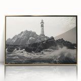Framed acrylic wall art showcasing a vibrant lighthouse landscape design with gold accents, perfect for coastal-themed decor. Ideal for brightening living spaces.