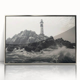 Framed acrylic wall art showcasing a serene lighthouse landscape design with a silver frame, perfect for coastal-themed home decor and enhancing interior aesthetics.