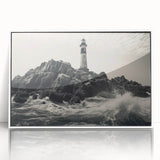 Framed wall art collection featuring a serene lighthouse landscape design, elegantly displayed with a white frame and acrylic front, perfect for coastal-themed decor.