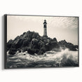 Framed canvas wall art showcasing a serene lighthouse design, with a black frame and side view, perfect for enhancing coastal-themed decor.