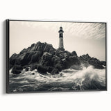Framed canvas wall art showcasing a serene lighthouse design, with a black frame and side view, perfect for enhancing coastal-themed decor.