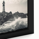 Close-up of a framed canvas wall art piece showcasing a vibrant lighthouse design with intricate details, perfect for coastal-themed decor.