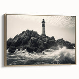 Framed canvas wall art showcasing a stunning lighthouse design with gold accents, perfect for coastal decor. Ideal for enhancing home or office aesthetics.