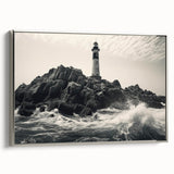 Framed canvas wall art showcasing a serene lighthouse design in soft pastel colors, set against a tranquil seascape, ideal for coastal home decor.