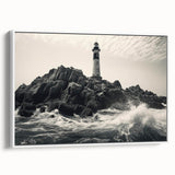 Framed canvas artwork depicting a serene lighthouse landscape, showcasing vibrant colors and intricate details, perfect for coastal home decor.