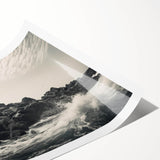 Vibrant rolled print of a coastal lighthouse landscape, showcasing a serene sunset with warm hues, ideal for home decor and nautical-themed interiors.