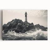 Stretched canvas wall art featuring a serene lighthouse landscape design, showcasing vibrant blue skies and a tranquil ocean view, perfect for coastal decor enthusiasts.