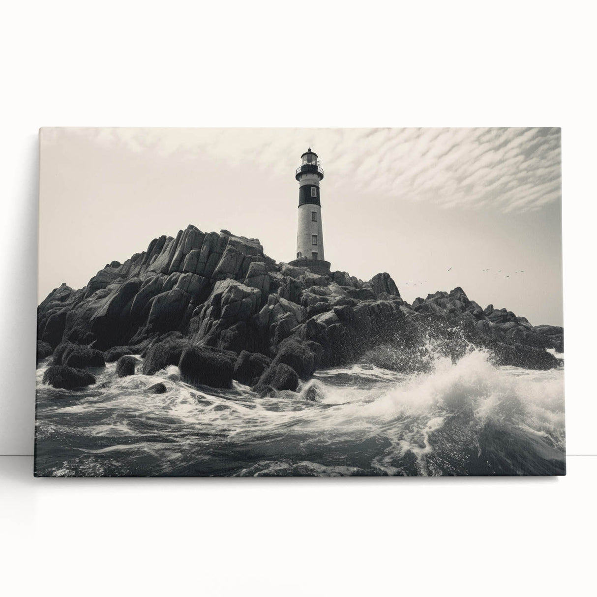 Stretched canvas wall art depicting a serene lighthouse landscape design, featuring vibrant blues and greens, perfect for coastal home decor enthusiasts.